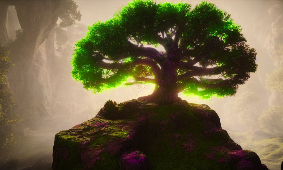 Vibrant tree with lush green canopy on moss-covered rock in ethereal forest setting