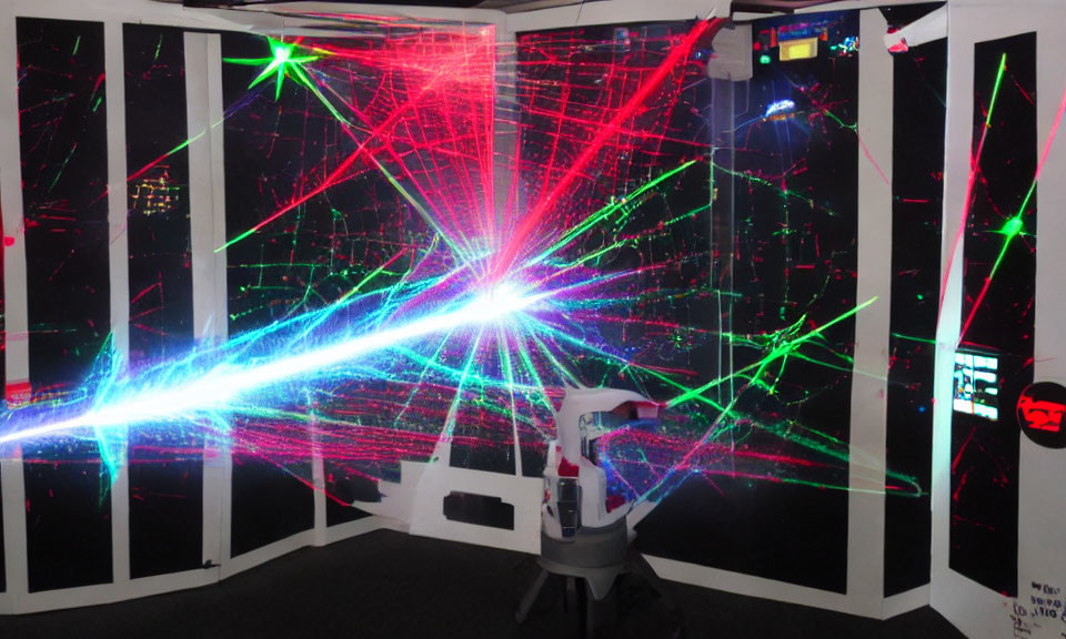 Colorful Laser Light Beams Crossing in White Room