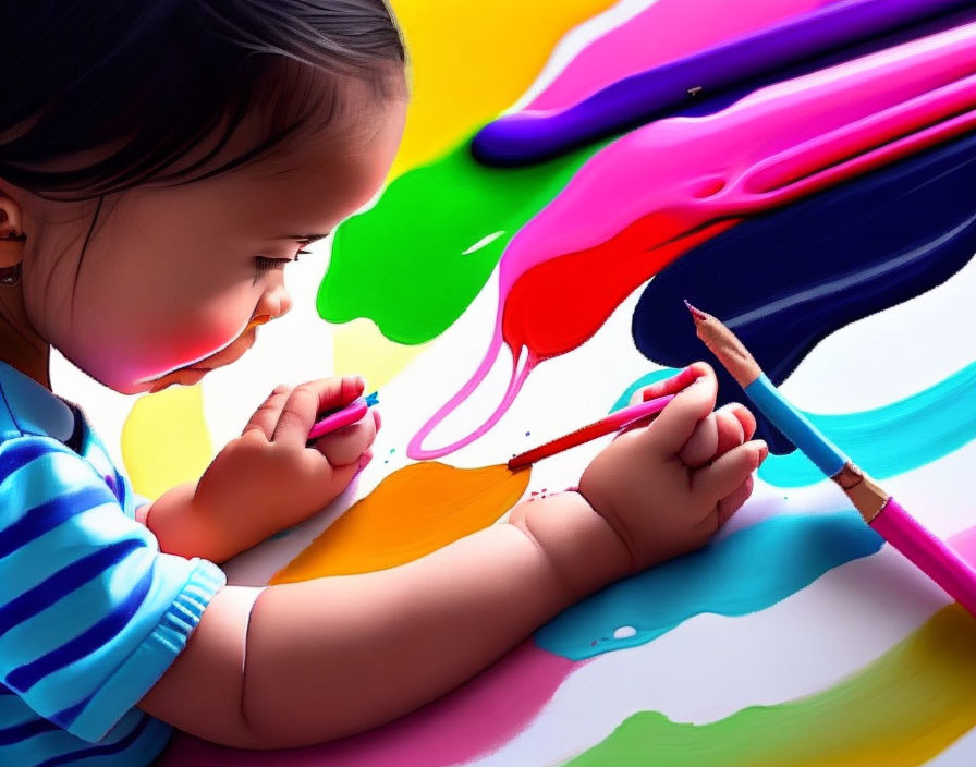 Young child painting with colorful spills on paper using a brush