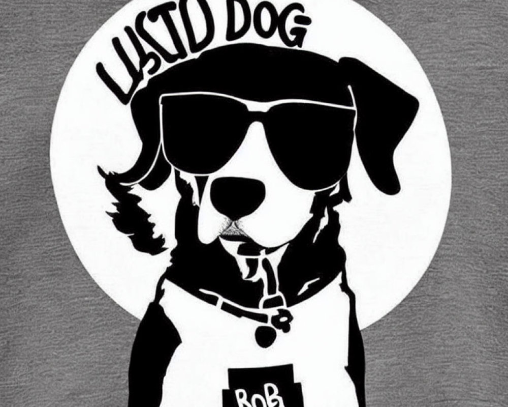 Monochrome dog with sunglasses and Bob Ross tee on circular backdrop