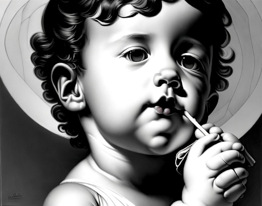 Monochrome hyperrealistic artwork of child with curly hair and halo circle
