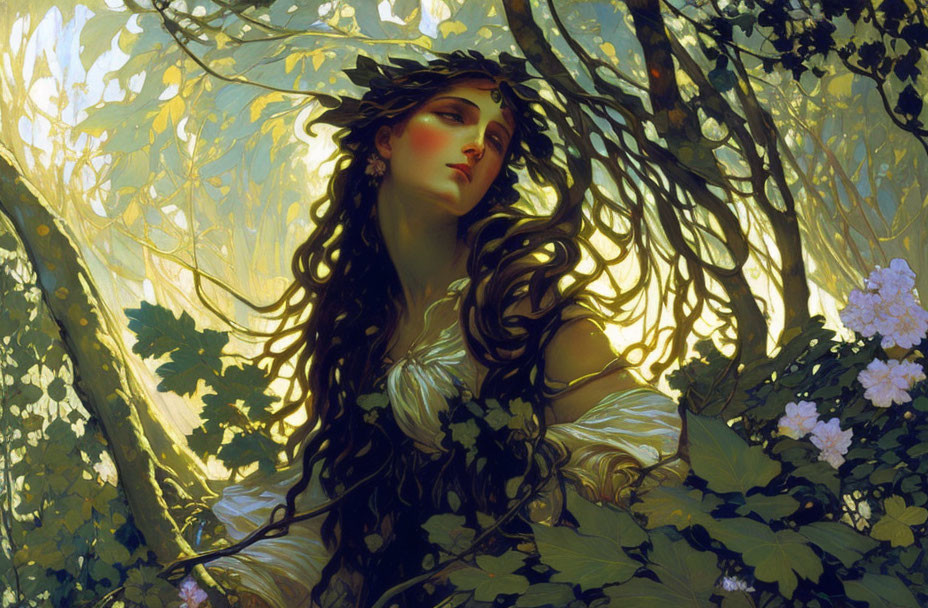 Woman with Dark Hair and Leaves in Forest Sunlight