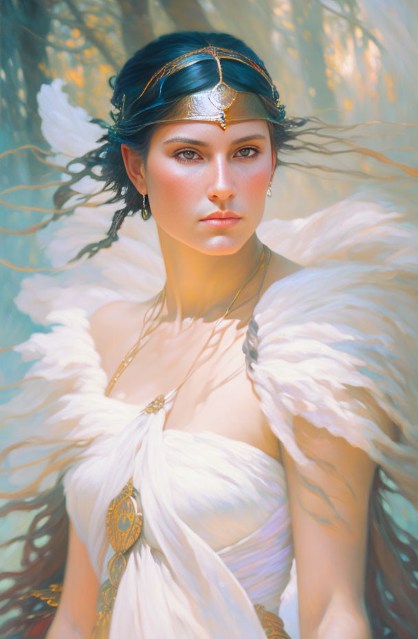 Ethereal woman in white feathered outfit with blue and gold headpiece gazes intently in