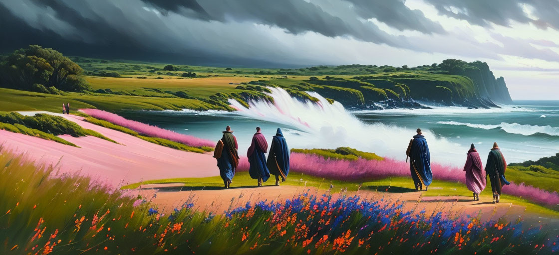 Four cloaked figures stroll through flower-filled meadow by stormy sea.