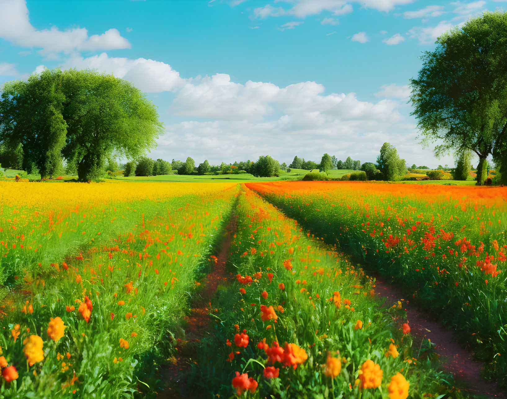 Scenic field with dirt path, orange flowers, green trees, blue sky.