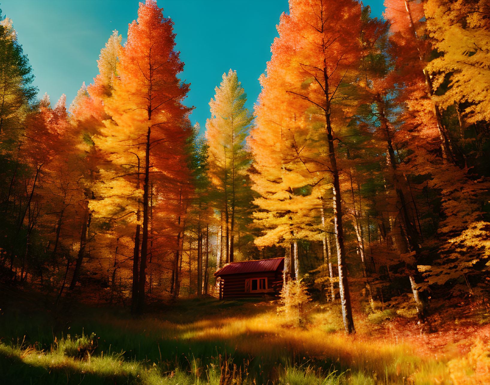 Vibrant autumn forest with wooden cabin under clear sky