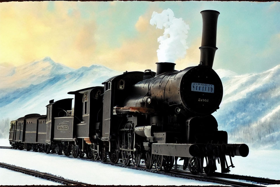 Vintage Steam Locomotive and Passenger Cars on Snowy Tracks with Mountain Backdrop