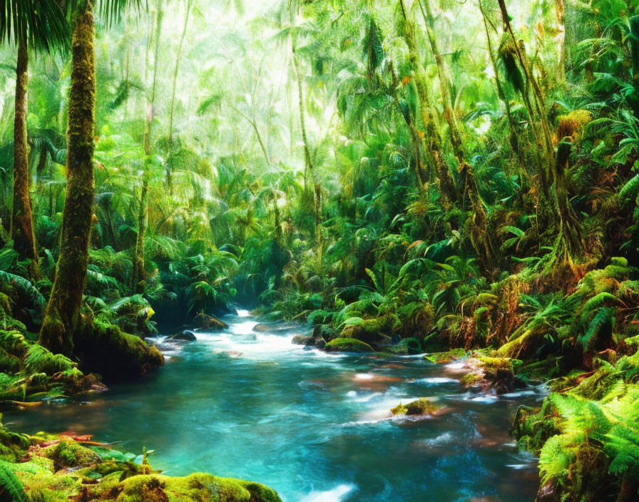 Sunlit forest with lush greenery and meandering stream