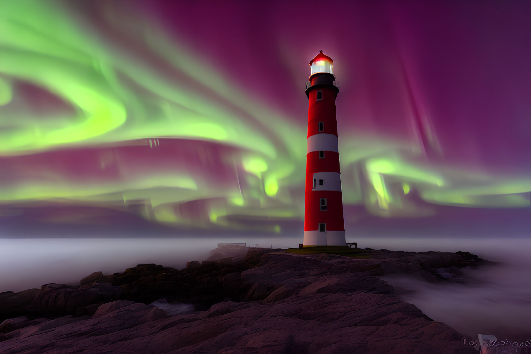 Red and white striped lighthouse with aurora borealis over rocky coastline