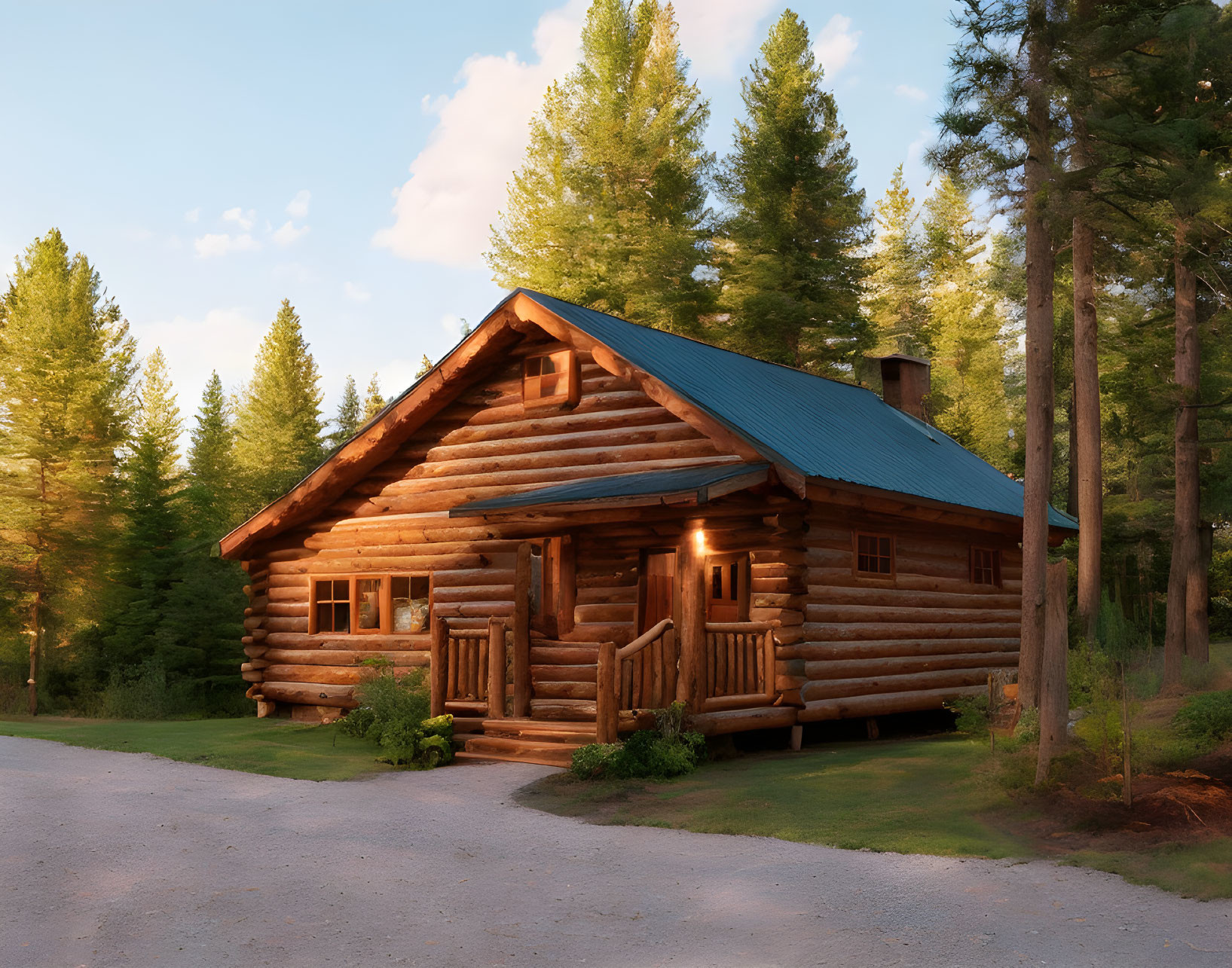 Rustic log cabin with blue roof in pine forest at sunset