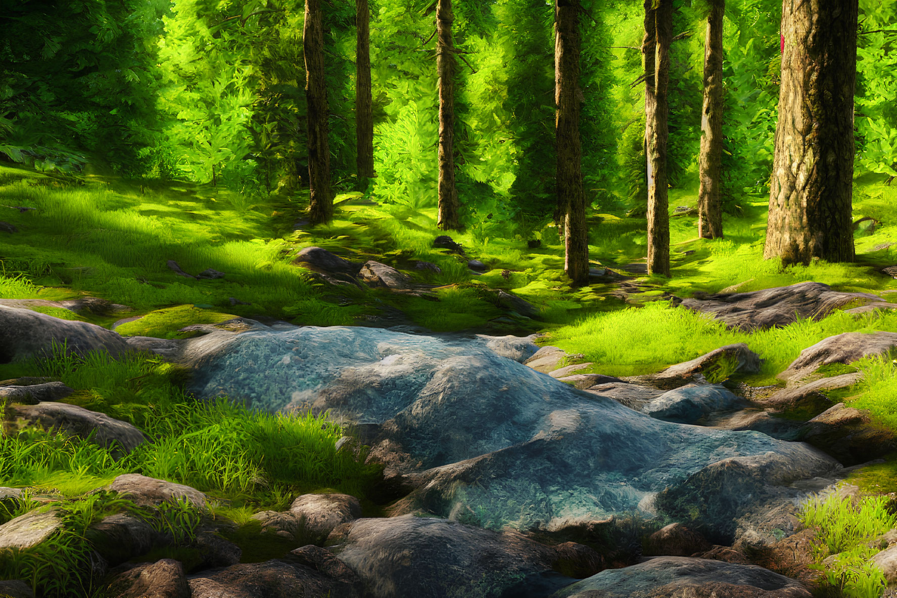 Tranquil Forest Scene with Sunlight and Moss-Covered Rocks