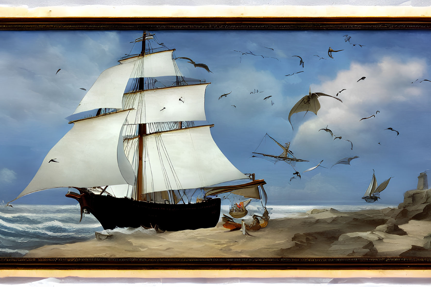 Sailing ship with white sails near beach, seagulls flying - wall art.