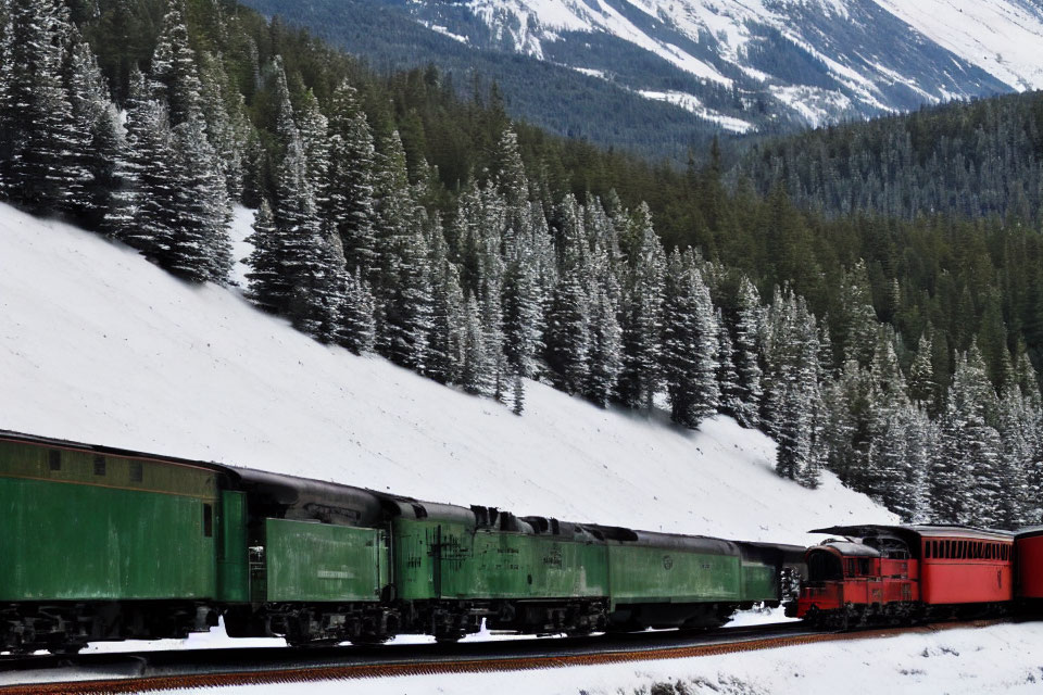 Green and Black Steam Locomotive Pulling Red and Green Passenger Cars in Snowy Mountain Scene