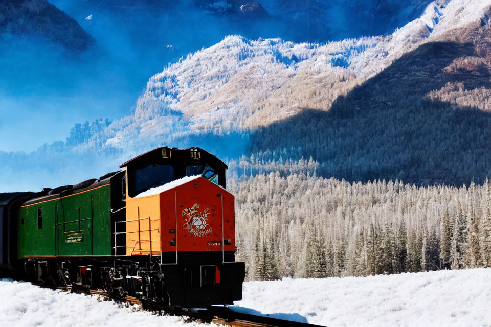 Red locomotive train in snowy landscape with pine forests and mountains