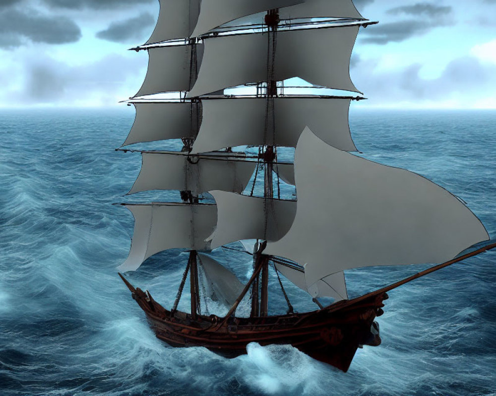 Tall ship with multiple sails on stormy blue sea