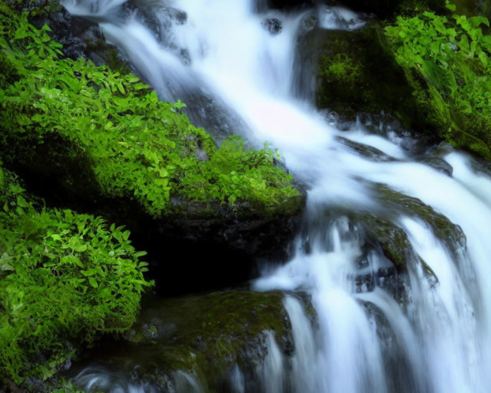 Tranquil waterfall scene with moss-covered rocks and lush greenery