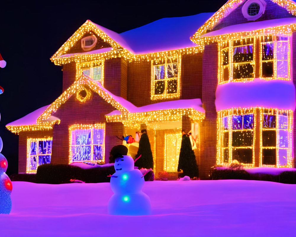 Festive Christmas house with bright lights and snow decorations