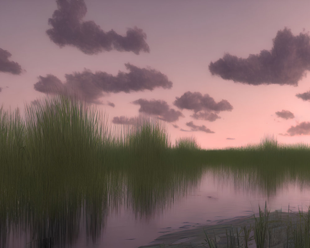 Serene Lake with Green Reeds under Pastel Sunset Sky