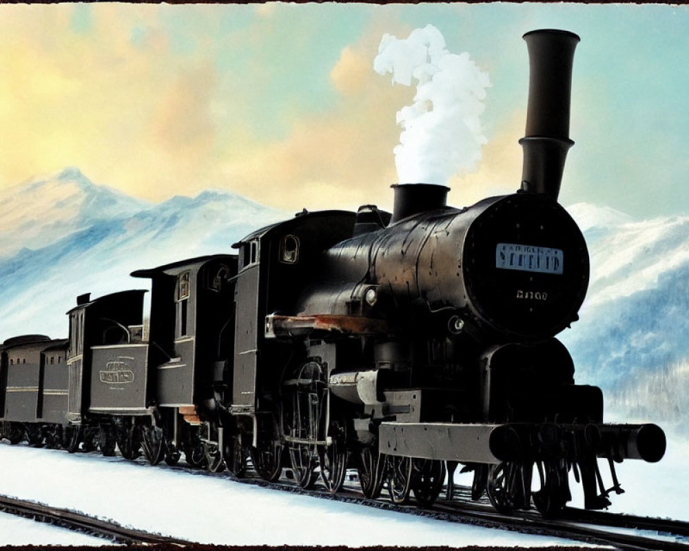 Vintage Steam Locomotive and Passenger Cars on Snowy Tracks with Mountain Backdrop