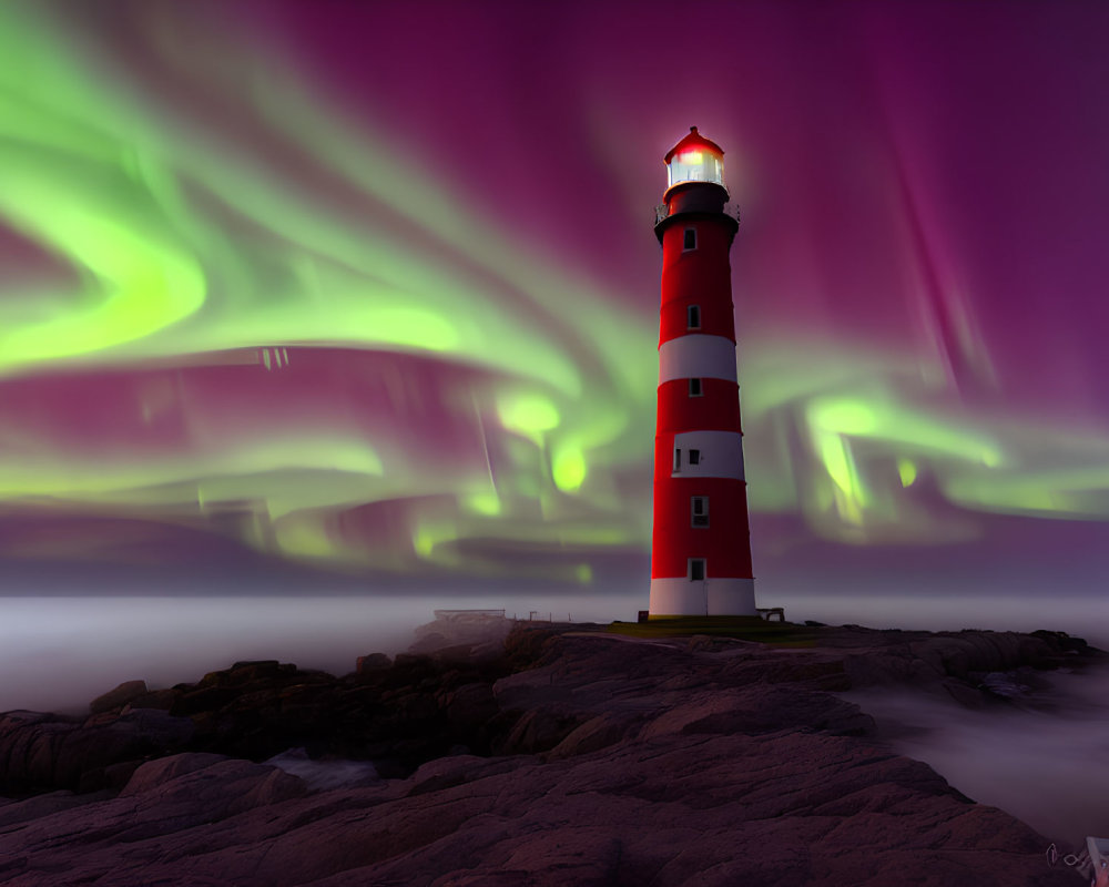 Red and white striped lighthouse with aurora borealis over rocky coastline