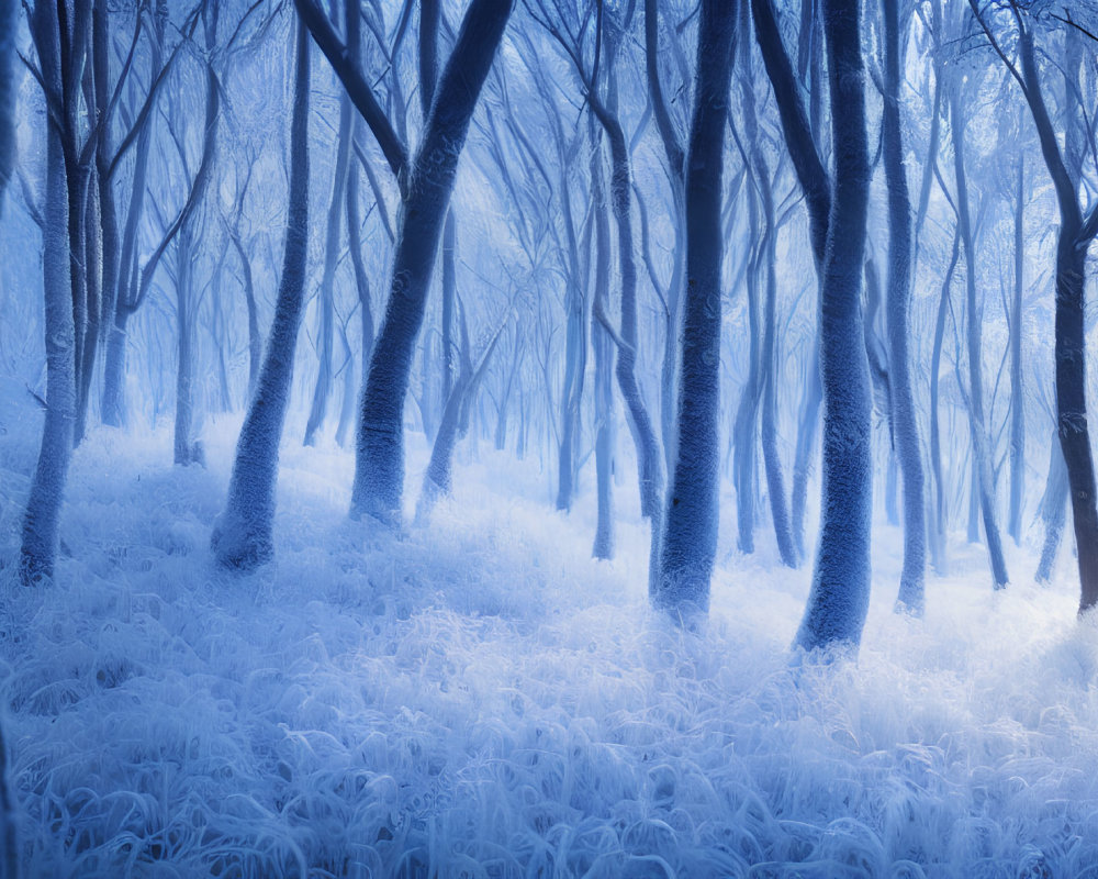 Frost-covered winter forest with serene blue tones