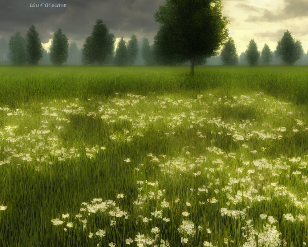 Tranquil landscape with lone tree, green field, and dramatic sky