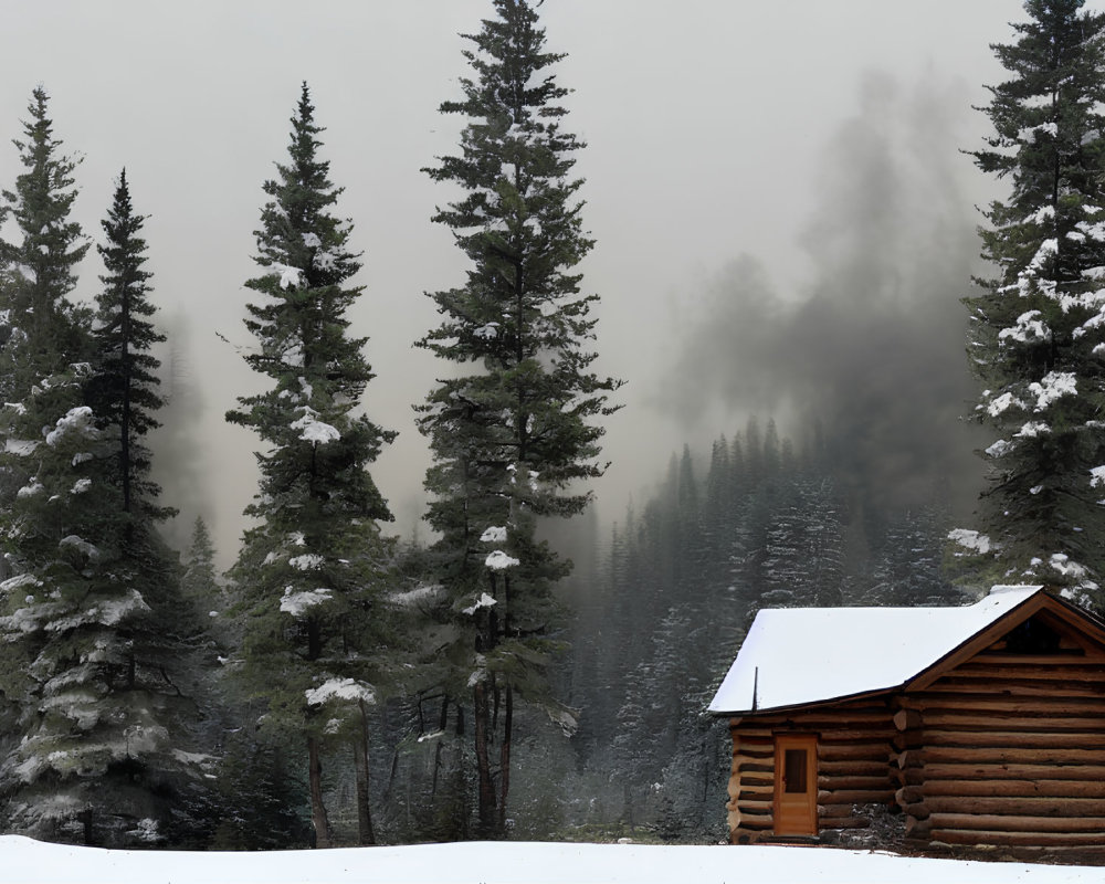 Snowy roof log cabin near tall evergreen trees in foggy wintry landscape