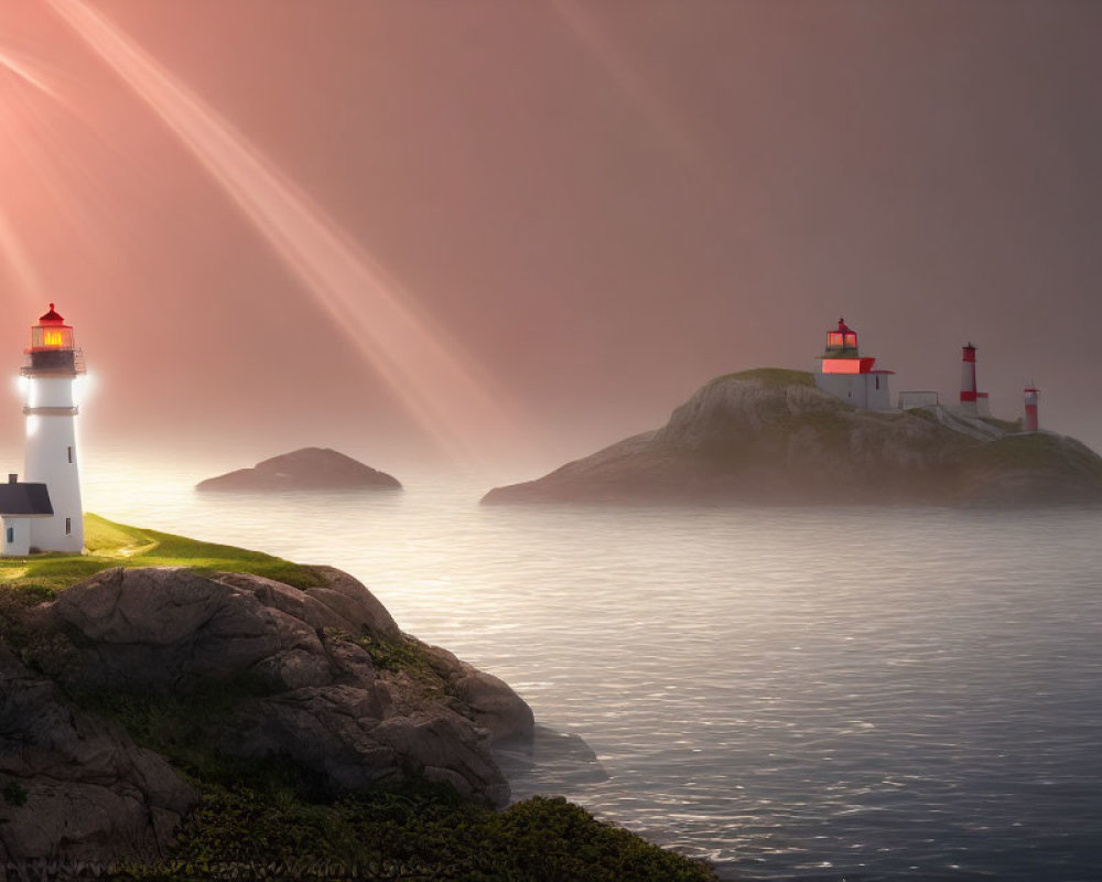 Coastal lighthouse scene with sunlight rays over misty skies