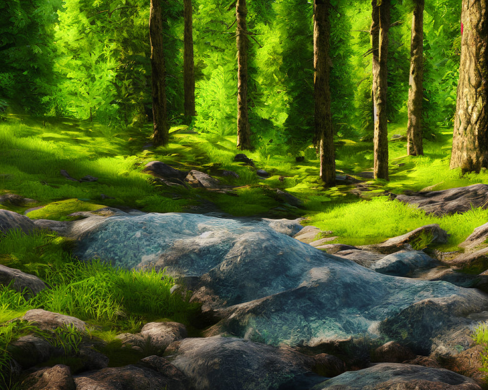 Tranquil Forest Scene with Sunlight and Moss-Covered Rocks