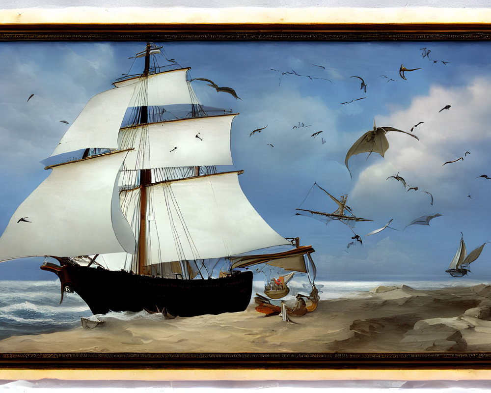 Sailing ship with white sails near beach, seagulls flying - wall art.