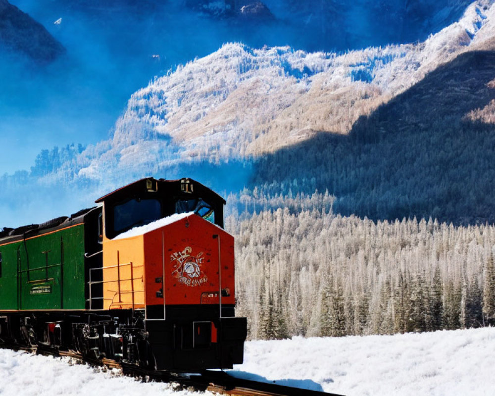 Red locomotive train in snowy landscape with pine forests and mountains