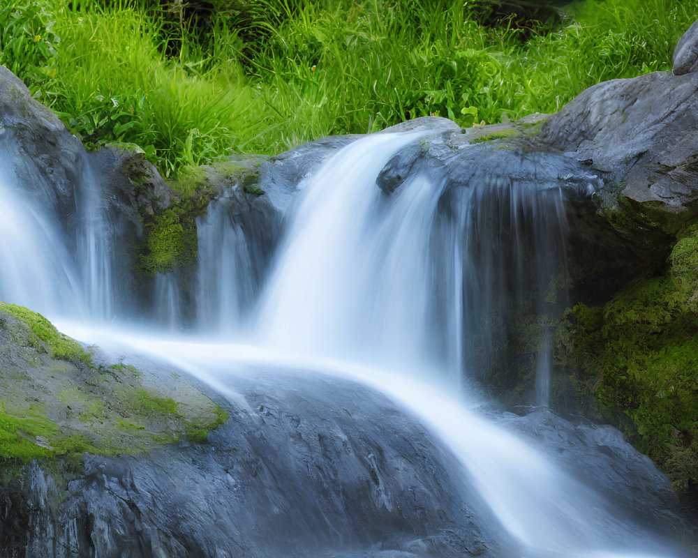 Tranquil waterfall over mossy rocks in lush green setting