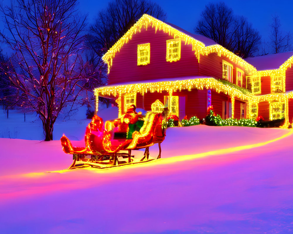 Colorful Christmas lights on house in snow-covered landscape at dusk