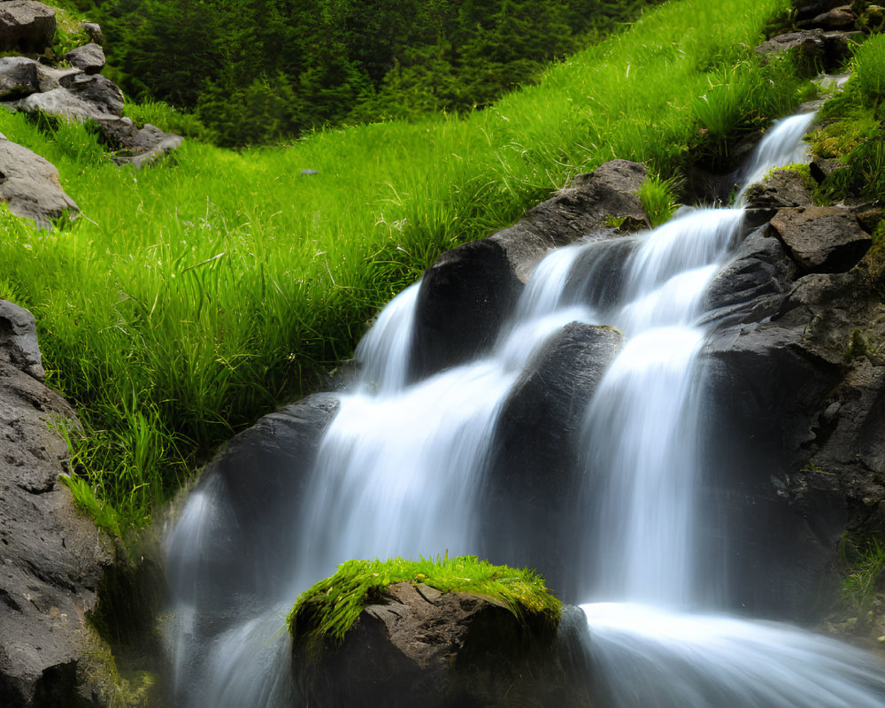 Tranquil forest scene with flowing waterfall and lush greenery