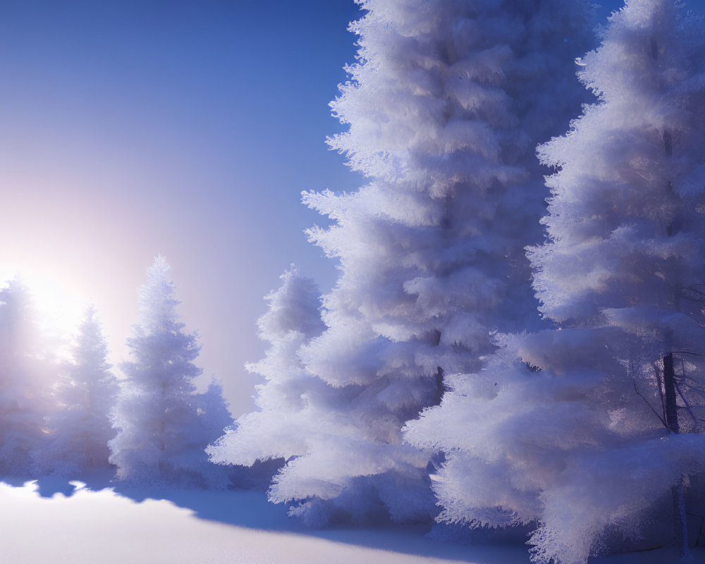 Snow-covered trees in soft sun glow under hazy blue sky