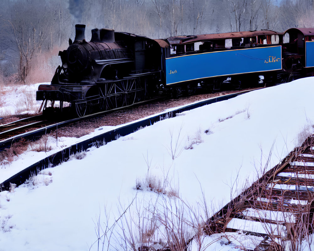 Vintage Blue Steam Locomotive on Snow-Covered Tracks