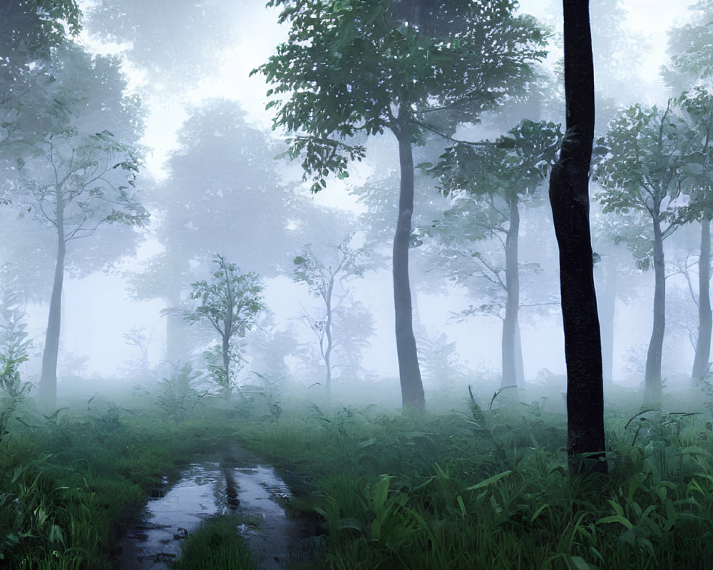 Misty forest with lush green foliage and narrow path.