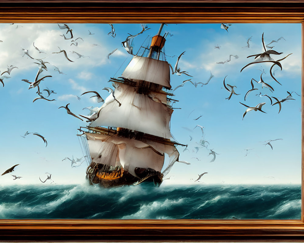 Sailing ship on rough seas breaking through painting frame