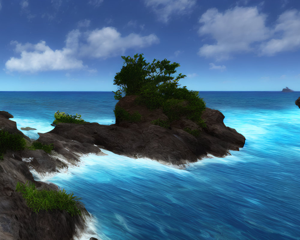 Tropical Ocean Scene: Clear Blue Waters, Rocky Outcrops, Lush Green Foliage