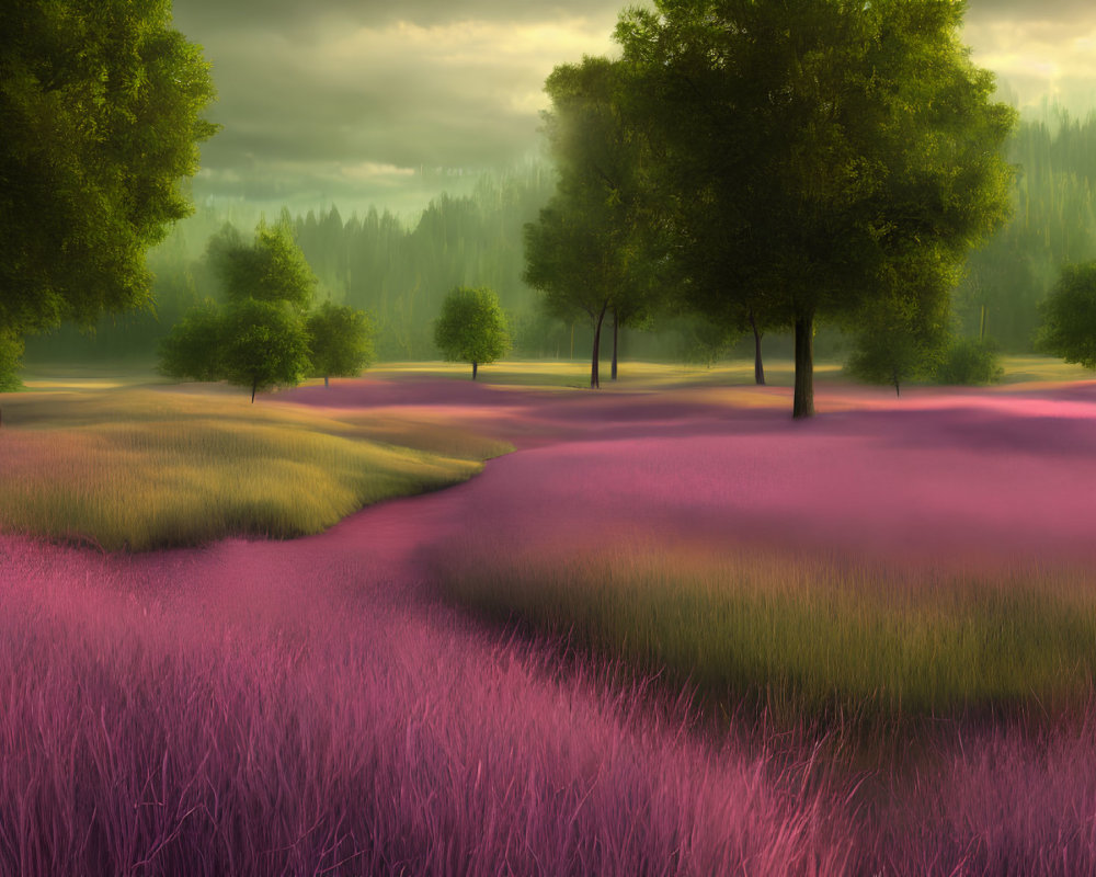 Tranquil landscape with lush trees and vibrant purple grass