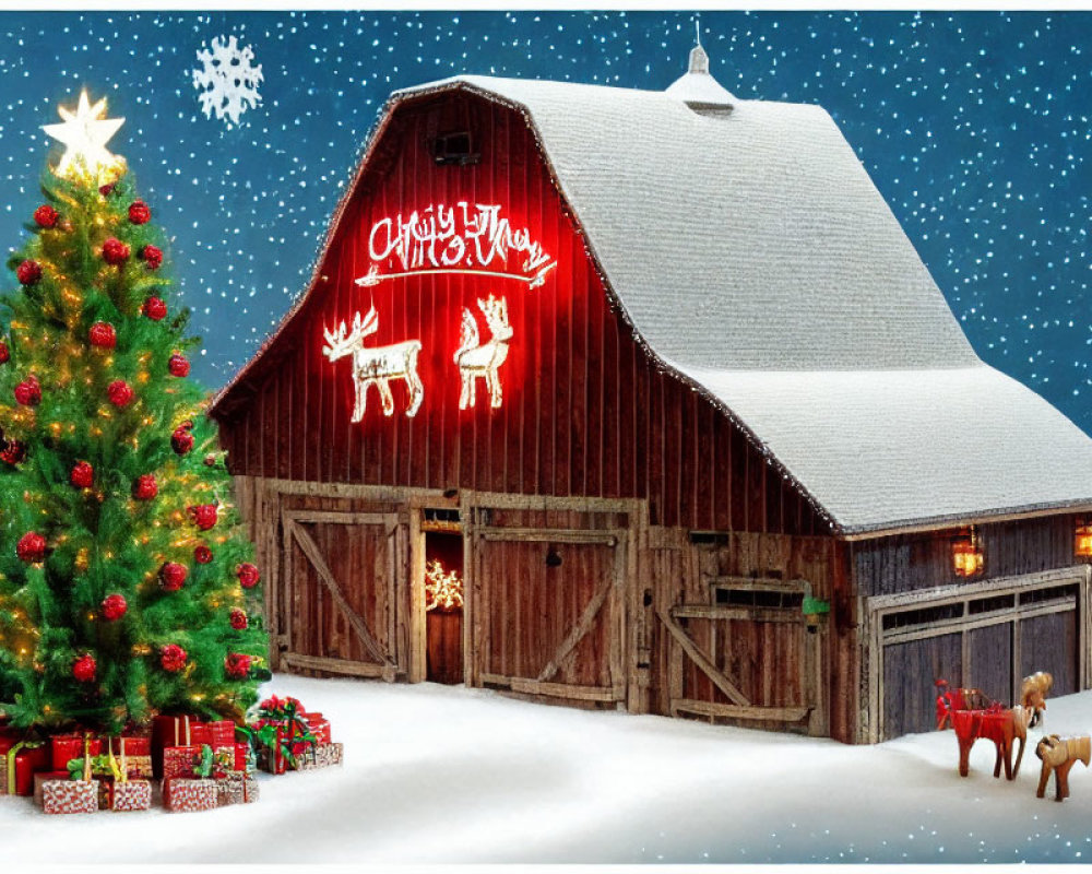 Snow-covered barn with "Merry Christmas" decorations and reindeer motifs, Christmas tree, gifts,