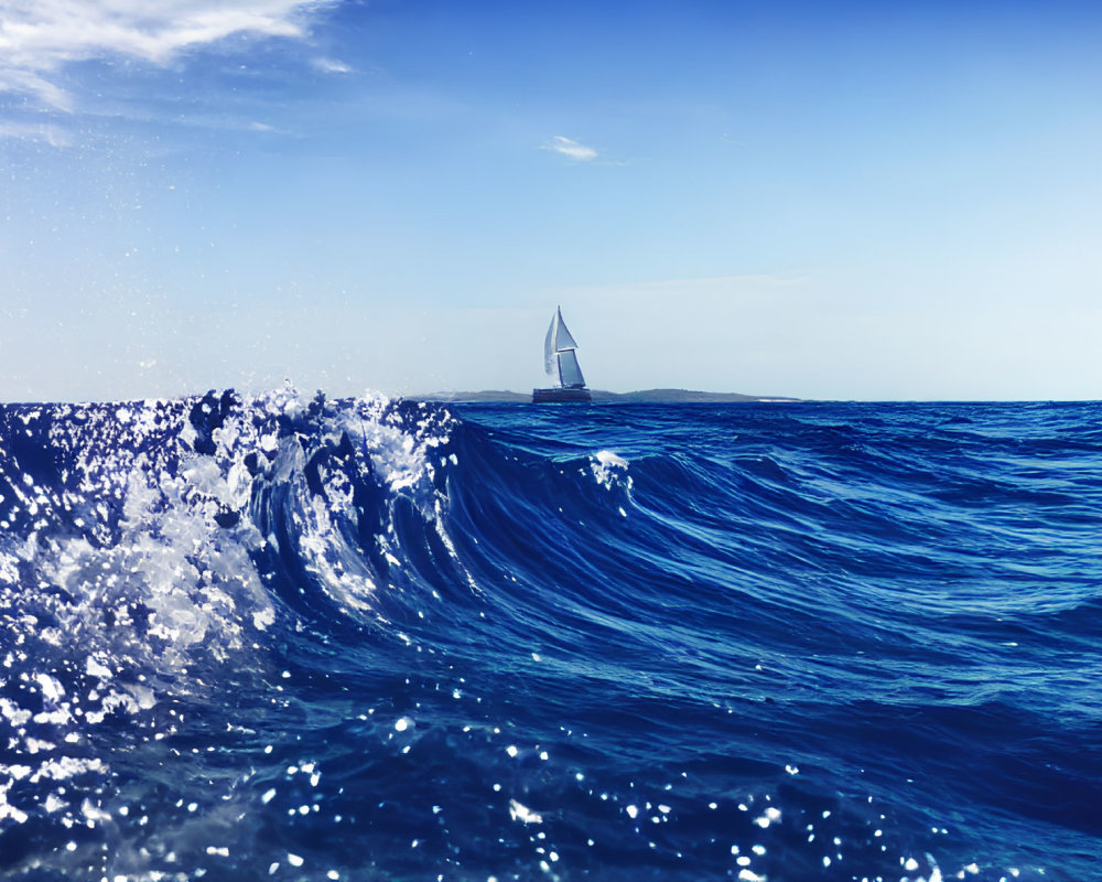 Sailboat sailing on vibrant blue ocean waves