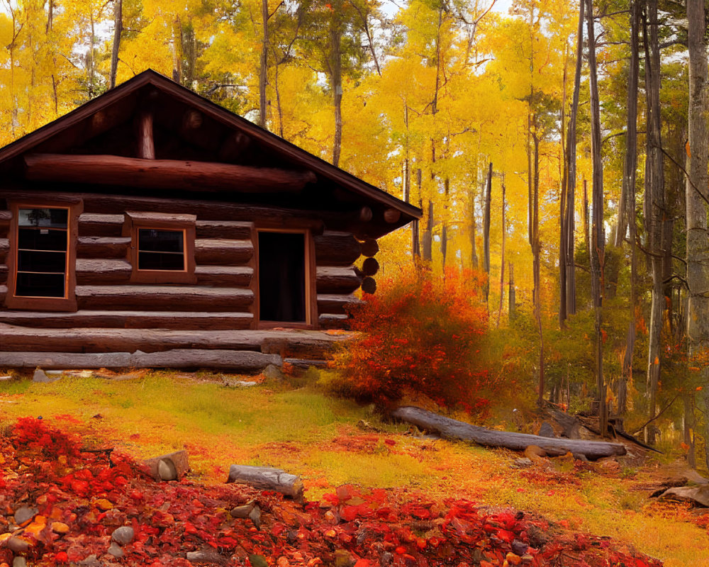 Rustic log cabin in autumn forest with vibrant foliage