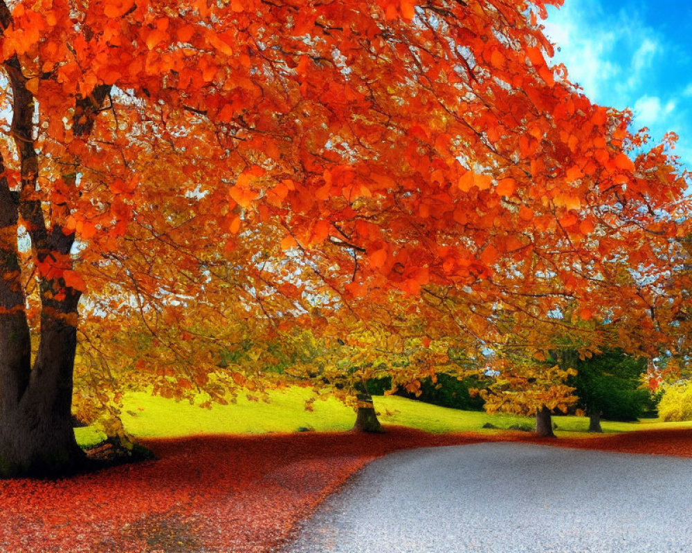 Colorful autumn landscape with curving road and vibrant trees under blue sky