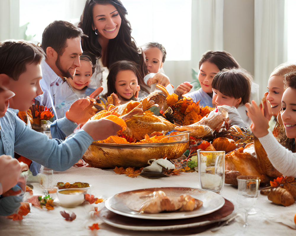 Family Thanksgiving dinner with golden-brown turkey and autumn decorations