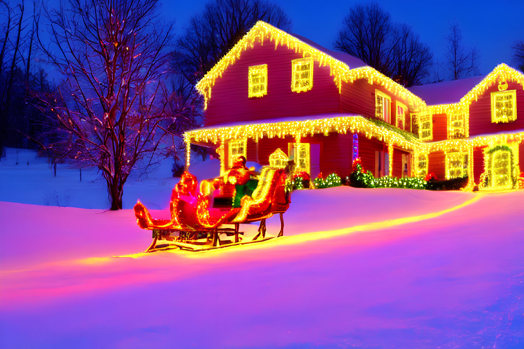 Colorful Christmas lights on house in snow-covered landscape at dusk