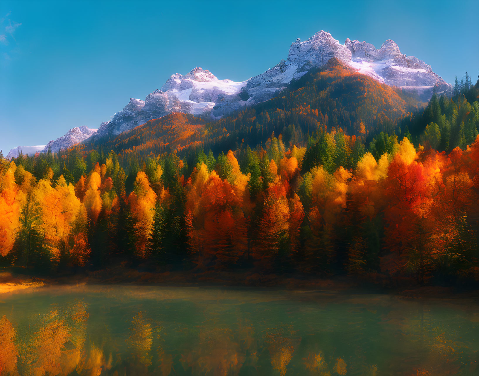 Vibrant autumn forest reflected in calm lake with snow-capped mountains - serene nature scene