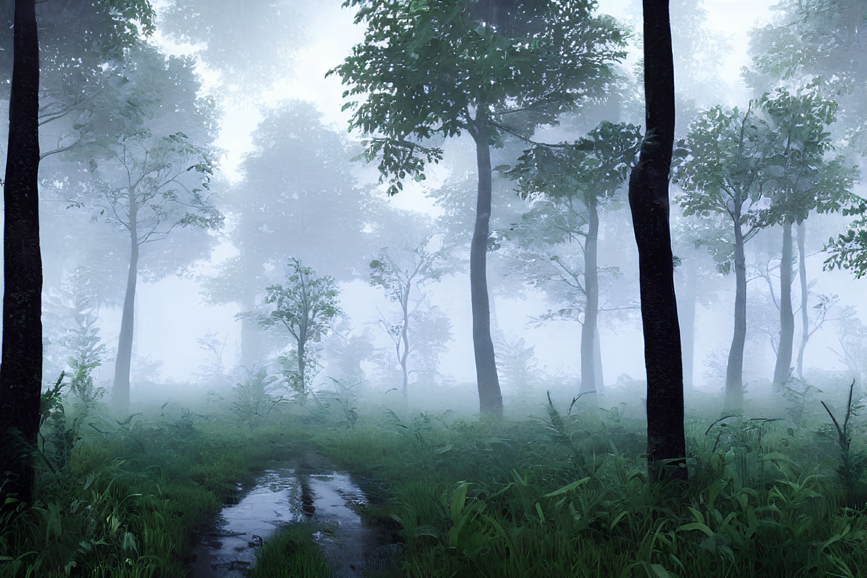 Misty forest with lush green foliage and narrow path.