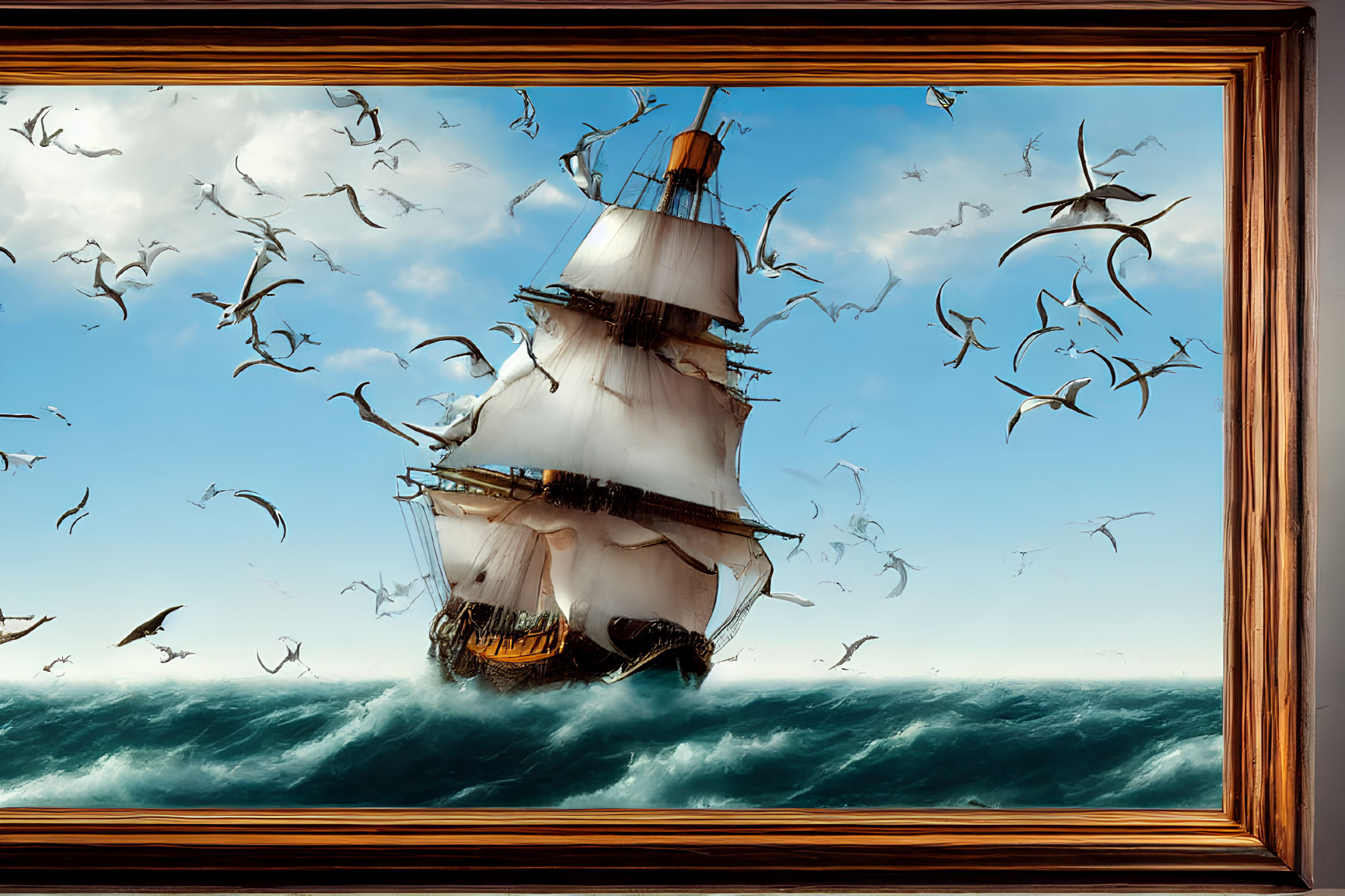 Sailing ship on rough seas breaking through painting frame