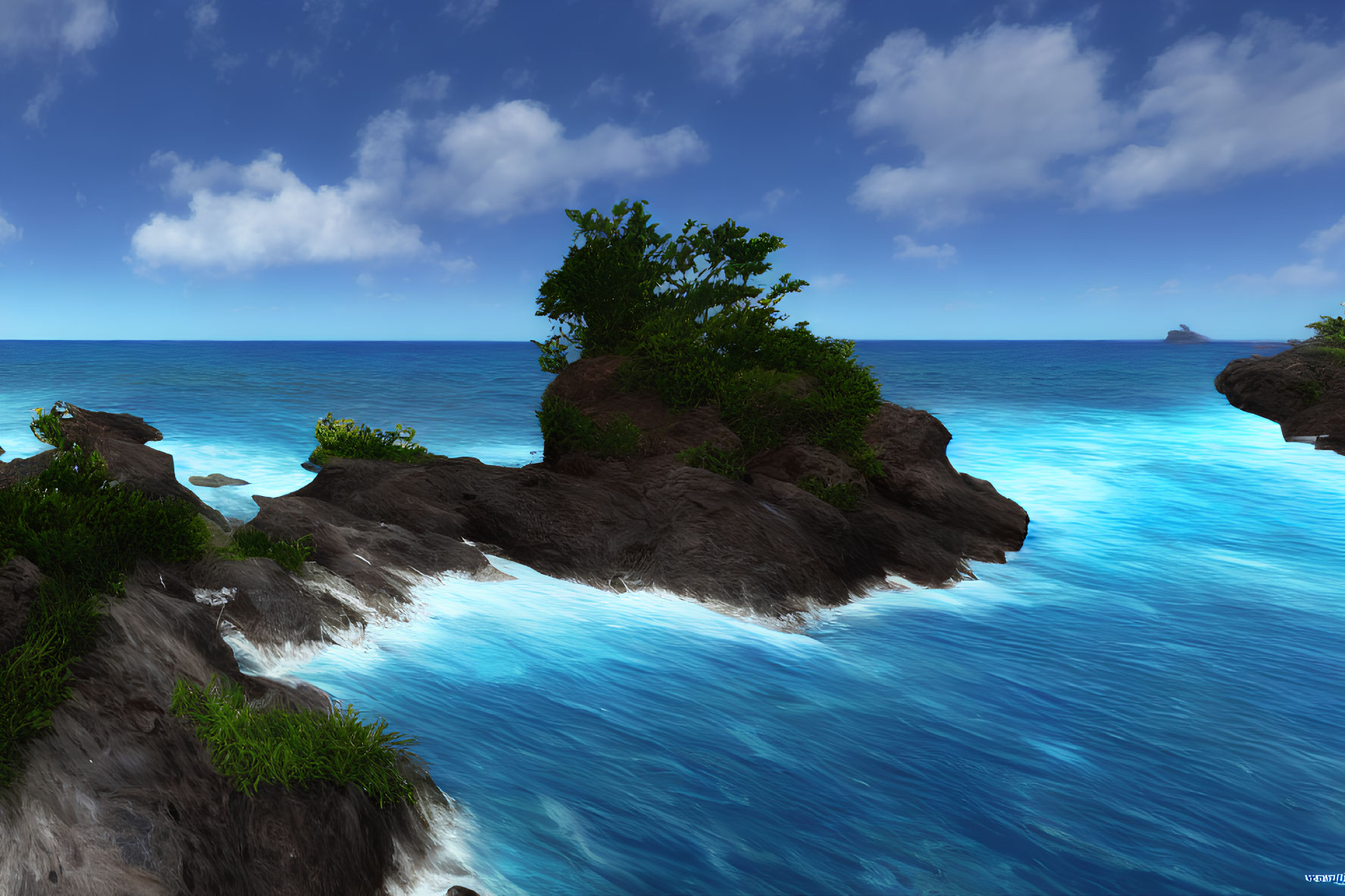 Tropical Ocean Scene: Clear Blue Waters, Rocky Outcrops, Lush Green Foliage